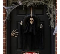 Testa di scheletro parlante illuminata in movimento Mietitore in gomma Decorazione da appendere per Halloween, testa di teschio animata con sensore di movimento, decorazione per interni ed esterni