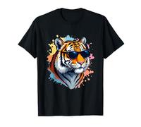 Testa di tigre cartoon con occhiali da sole e colori Maglietta