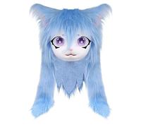 Testa pelosa - Testa di gatto con occhi grandi e capelli lunghi, copricapo in peluche per travestimenti, spettacoli teatrali, feste, Halloween, cosplay, anime, congressi, eventi a tema