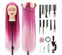 Testa Per Parrucchiere, 28 inch 100% Sintetica Testina Parrucchiere Capelli Testina Per Parruchieri Testina Parrucchiere Capelli con Staffa+ DIY Accessori Per Capelli (Rosa)