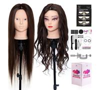 Testa per Parrucchieri con Capelli umani veri al 60%,28 Pollici,Cosmetologia Testa Bambola da Truccare e Pettinare,Testa Manichino con Morsetto da Tavolo+Ciglia Finte+Capelli Styling Treccia Set