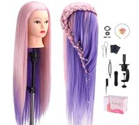 Testa per Parrucchieri, TopDirect 29"/75cm Testina Parrucchiere Capelli 100% Sintetica Morbidi Testa per Acconciature Manichino Cosmetologia Formazione con Staffa+DIY Accessori per Capelli(Rosa viola)
