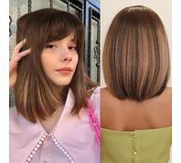 testar Parrucca Marrone Con Frange Breve Marrone Bob Parrucche Per Le Donne Bianche Parrucca Dei Capelli Naturale Parrucche Bob Dritto Parrucche In Fibra Sintetica Resistente Al Calore Pa