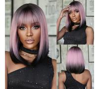 testar Parrucca Rosa Ombre Nero Rosa Parrucca Bob Diritta per Donna Parrucche Corte da 16 Pollici con Frangetta Parrucche Sintetiche Resistenti al Calore per l'Uso Quotidiano delle Feste