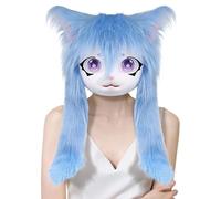 Teste di animali di pelliccia mascherate - testa di gatto a grandezza naturale con occhi e capelli lunghi, per costumi di peluche per cosplay teatro eventi anime festa di Halloween