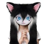 Teste di Cosplay in pelliccia,Maschera testa di gatto con grandi occhi e lunghi, accessorio di costume realistico Props Cosplay per performance teatrale festa di Halloween ballo mascherato e