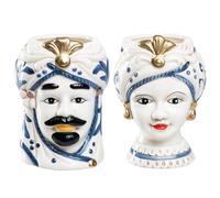 Teste di Moro Coppia Re e Regina Caltagirone, Stile Ceramiche Siciliane, Vaso Testa di Moro in Ceramica Bianco e Blu 12x18 cm