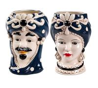 Teste di Moro Coppia Re e Regina Caltagirone, Stile Ceramiche Siciliane, Vaso Testa di Moro in Ceramica 12x18 cm