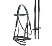 Testiera con frontlino e capezzina inglese in cuoio piatto e redini in tela Tatt