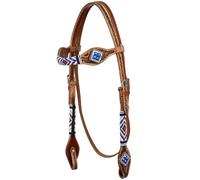 Testiera western in cuoio decorato a rombi con perline blu Pools