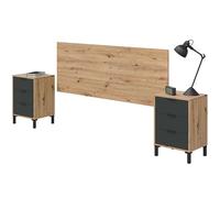 Testina + 2 comodini di notte, testiera per letto matrimoniale, modello Enzo, finitura in rovere Nodi e grigio antracite, Dimensioni: 160 cm (larghezza) x 60 cm (altezza) x 2,5 cm (profondità)