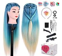 Testina Parrucchiere Capelli, TopDirect 75 cm 100% Capelli Colorati Sintetici, Testa di Manichino Parrucchieri Allenamento Bambola da Pettinare con Supporto + DIY Accessori, Azzurro + Beige
