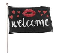 Testo di benvenuto e rossetto rosso segno bacio bandiera 3x5 Ft all'aperto giardino bandiere banner decorazione per cortile portico prato fattoria