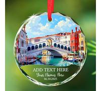 Testo/nomi e data personalizzati Venezia Italia Viaggio Souvenir Ornamento, Ponte di Rialto Venezia Paesaggio di Vetro Ornamento di Natale Regalo per gli amanti dei viaggi, Personalizzato Italian Trip