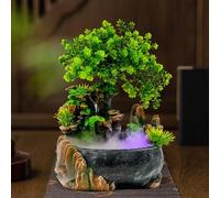 TESUGN Fontana da interni con illuminazione a LED, decorazione da desktop bonsai pianta verde, fontana da tavolo cascata con nebbia, umidificatore a cascata Feng Shui per soggiorno, camera da letto