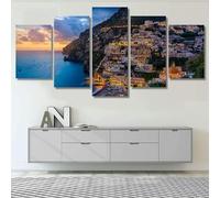 TETEOLALA Set Quadri Pronti Da Appendere 5 Pannelli Canvas Quadri Tramonto su Positano in Costiera Amalfitana Quadri Moderni Soggiorno Grandi Poster 5 Pannelli Per Arredare Casa Regalo