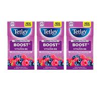 Tetley Super Fruits Boost - Confezione da 20 bustine di tè al mirtillo e lampone, confezione da 3