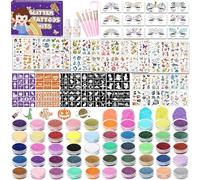 TEUVO 50 Colori Tatuaggi Glitter pet Bambini con 128 Stencil,12 Gioiello Viso, 5Spazzole, 300+ Modelli di Tatuaggi in Stili Misti, Tatuaggi Temporanei per Ragazzi Ragazze Natale Compleanno Halloween
