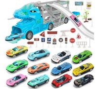 TEUVO Dinosauri Camion Giocattolo per Bambini 3 4 5 6 7 Anni, Dino Camion Pista Garage Macchinine con 12 Auto Cars Macchine & 18 Segnali Stradali, 2 Pista, Dinosauro Regalo Compleanno Natale Maschio
