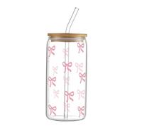 TEUYOE Tazza in vetro con fiocco rosa, tazza da caffè freddo da 473 ml, tazza in vetro con cannuccia in vetro e coperchio in legno per bubble tea, caffè o cocktail, regalo per donne, ragazze amiche