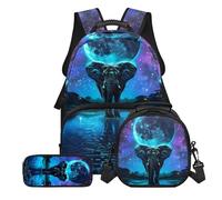 Tevecatos Set di 3 zaini per bambini con borsa per il pranzo e matite, leggeri, per ragazze, ragazzi, adolescenti, Elefante Galaxy Pianeta, Taglia unica, Zaini