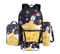 Tevecatos Set di 4 zaini per la scuola con portapranzo, astuccio per matite e portabottiglie, Galassia Pianeta Razzo Cartone, Taglia unica