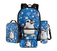 Tevecatos Set di 4 zaini per la scuola per bambini e ragazzi, con borsa per il pranzo, astuccio e portabottiglie, Cuore pinguino fiocco di neve, Taglia unica