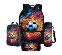 Tevecatos Set di zaini per la scuola 4 in 1, leggeri, per ragazze e ragazzi, con portapranzo, portapenne e portabottiglie, Dipingere Fiamme Calcio, Taglia unica