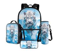 Tevecatos Zaino da 4 pezzi con borsa per il pranzo, astuccio e porta bottiglia d'acqua, per ragazze e ragazzi, set regalo per il rientro a scuola, Tigre Bianca Neve Mont, Taglia unica