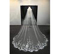 TEWAX Velo da Sposa Floreale 3 Metri Lungo con Paillettes e Pizzo, Velo di Cattedrale Elegante per Matrimonio e Occasioni Speciali