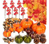 TEWWCEO Set di Decorazioni per il Ringraziamento 162 pezzi, Set di Zucche Artificiali per Halloween, Foglie di Acero Artificiali, Zucca Raccolta, Ghiande Piccole, Pigne, per Decorazione Autunnale