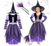 TEWWCEO Vestito Strega Halloween per Bambina, Halloween Costume de Strega con Cappello, Scopa, Cintura, Vestiti Halloween Carnevale per Bambina 5-6 Anni, Taglia M