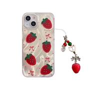 Tewwsdi Cute Glitter Strawberry Phone Case with Charm for iPhone 15,Kawaii Polka Dot Design Aesthetic Fruit Summer Phone Cases Girly Women，Never Fade ，1.5mm Raised Edges Protect (with Charm,6.1”)