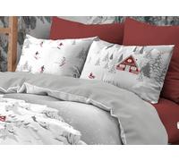 Tex family Copripiumino Tirolese Montebianco 100% Cotone - Double Face, Fantasia Alpina con Sciatori e Chalet, Morbido e Traspirante - MATRIMONIALE 2 PIAZZE