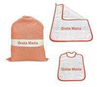Tex family SET Asilo TRIS Sacco e ASCIUGAMANO e bavaglino A QUADRETTI Personalizzato e RICAMATO - Arancio