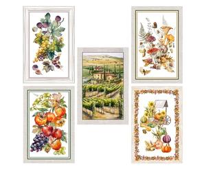 Tex family Strofinacci Cucina Cotone Set 5 Pezzi 50x70 cm - Fantasie Autunnali - con Asola - Frutta, Vigna e Natura