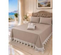 TexLom Copriletto Matrimoniale Laura Blasi Versailles Elegante con Balza in Pizzo Macramè con Cuscino Arredo Coordinato, Tessuto Traspirante Alta Qualità, Confezione Regalo in Scatola (Tortora)