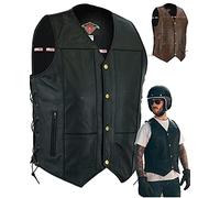 Texpeed gilet da moto in pelle - Motociclista in pelle da uomo tagliato - Tasche con cerniera per motociclisti originali/tagliato con lati intrecciati Nero - 5XL