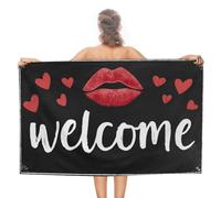 Text Welcome and Red Lipstick Kiss Mark Telo da spiaggia in microfibra senza sabbia Grandi asciugamani da doccia multiuso assorbente per bagno piscina 130 x 80 cm