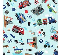 Textiles français Tessuto Stampato - in Viaggio per Bambini - Escavatore, Trattore, Treno, autopompa, Aereo, Camion… (Sfondo Blu Cielo) | 100% Cotone | Larghezza: 160cm (per Metro lineare)*