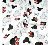 Textrend, tessuto di cotone a metraggio, 100% cotone, morbido, tessuto 1x1,6m, patchwork, per cucire, tessuto a metraggio, per bambini, topo (MIKI nero e rosso con fiocco su sfondo bianco)