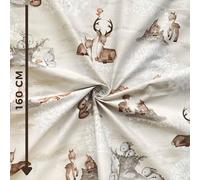 Textrend, tessuto di cotone a metro, 100% cotone, morbido, tessuto 1x1,6m, patchwork, tessuto per cucire, per bambini, animali (Animali in una radura forestale su sfondo beige)