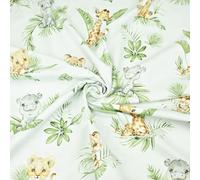 Textrend, tessuto di cotone a metro, 100% cotone, tessuti 1x1,6m, morbido, patchwork, per bambini, animali africani (Animali africani su foglie tropicali su sfondo bianco)