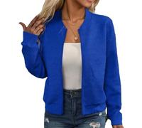 Textured Bomber Jacket For Women Full Zip Ribbed Trim With Pockets (blue,L)