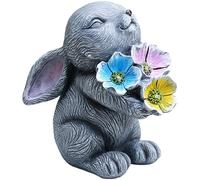 Texvora Lampada solare a forma di coniglio grigio che tiene il fiore, decorazione da giardino a forma di coniglietto, 18 x 10,2 x 19,3 cm, statuetta in resina impermeabile, luce notturna ad energia