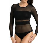Teyli Body Donna a Maniche Lunghe - Con Inserti in Rete - Body Trasparente e Sensuale per Occasioni Speciali. Nero L