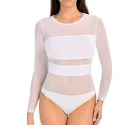 Teyli Body Donna a Maniche Lunghe - Con Inserti in Rete - Body Trasparente e Sensuale per Occasioni Speciali. Bianco S