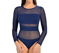 Teyli Body Donna a Maniche Lunghe - Con Inserti in Rete - Body Trasparente e Sensuale per Occasioni Speciali. Blu XXL