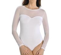 Teyli Body donna con maniche lunghe e scollo in rete - intimo elegante e elastico che si adatta perfettamente alla silhouette. Bianco XS
