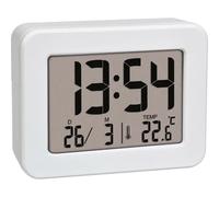 TFA Dostmann Mini sveglia con temperatura, 60.2044.02, orologio da tavolo, funzionamento a batteria, con data e termometro interno, sveglia da viaggio, piccolo, bianco